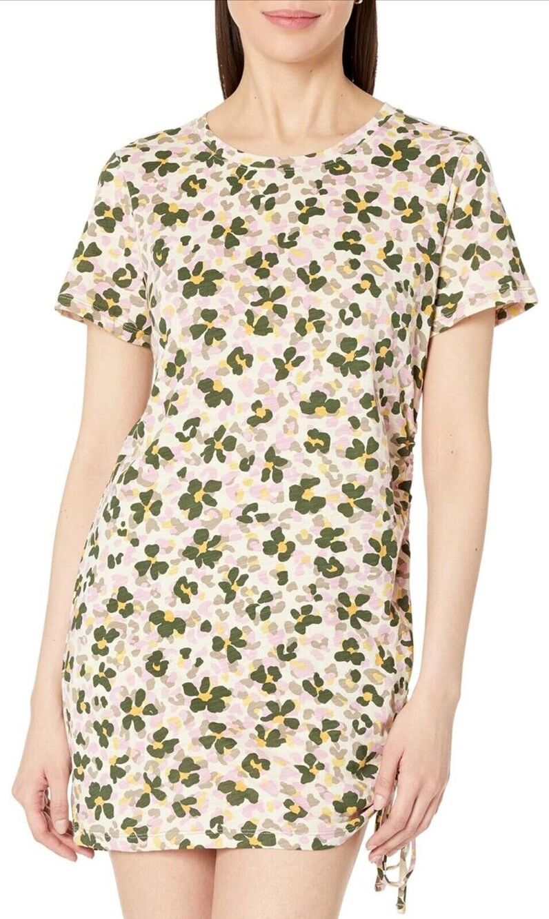 Sanctuary Drawstring T-Shirt Dress Women's Large Tan Floral Pull-On Ruched Side